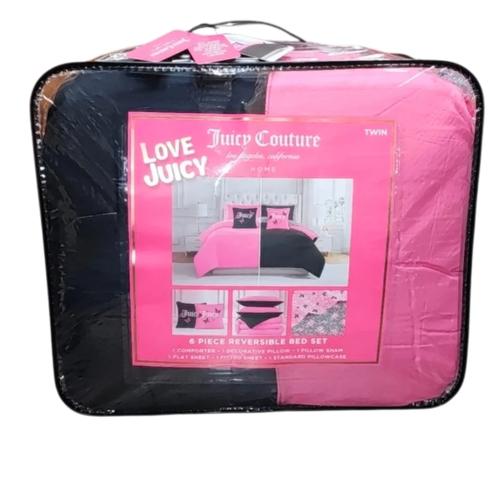 Juicy Couture 6 Piece Reversible Comforter Bed Set Pink & Black / Leopard - New